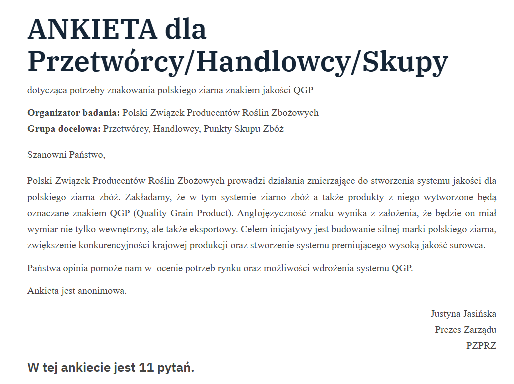 Uwaga: Przetwórcy, Handlowcy, Punkty Skupu Zbóż – ankieta dot. znaku jakości QGP – Quality Grain Product
